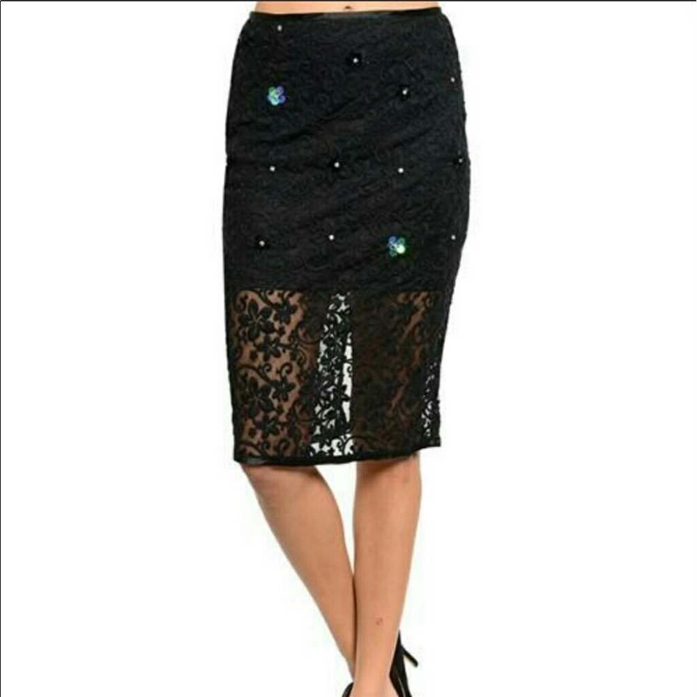 Lace and sequin pencil skirt
